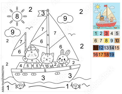 Cute Animals Sailboat Color by Number Printable Worksheet for Kids perfect for Educational Preschool Activity Sheet, Cute Boat Coloring Page, Digital Download