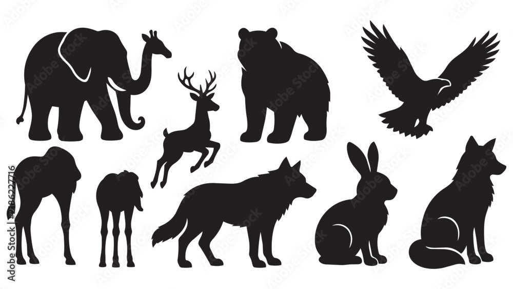 Obraz premium Wild Animal Silhouette Collection with Elephant Deer Bear Eagle