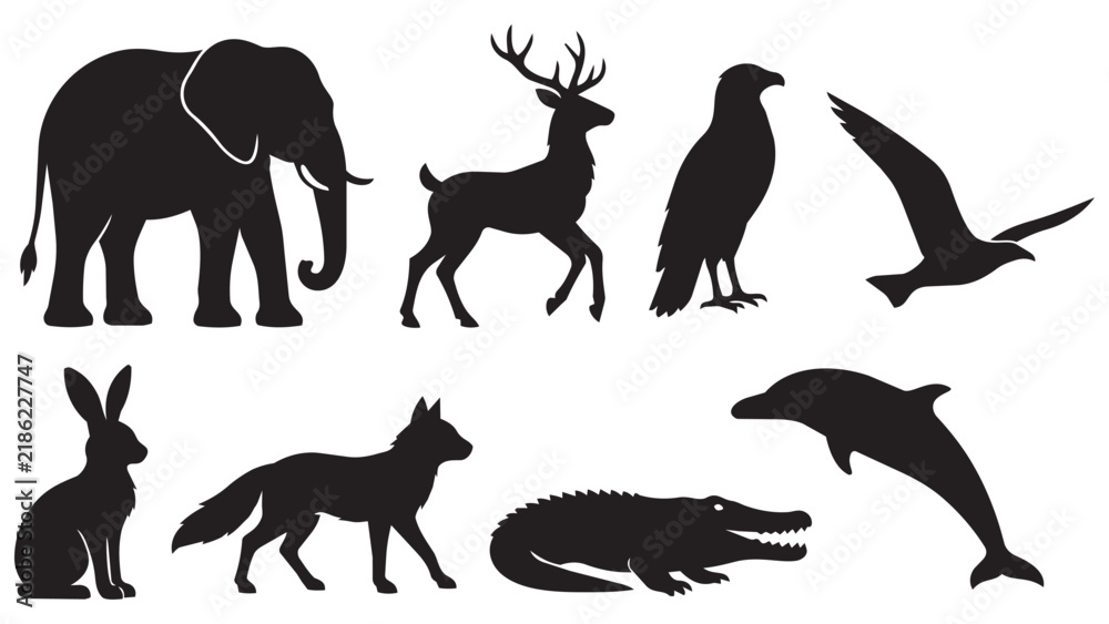 Obraz premium Wild Animal Silhouette Collection with Elephant Deer Wolf and Dolphin