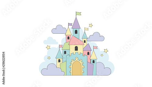 Colorful fairy tale castle standing on fluffy clouds with small yellow stars in the background, vector design.