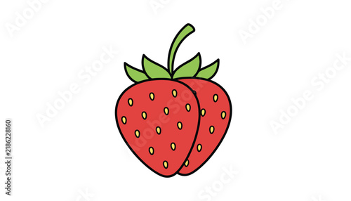 Pair of fresh red strawberries with green leaves and yellow seeds, delicious summer berry illustration.