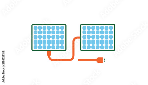Two blue solar panels connected together by a long orange power cord, renewable green energy icon concept.