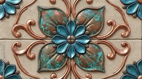 Textured Floral Metal Tiles with Copper and Teal Patina