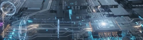 Artificial intelligence and data processing concept glowing microchip processor on a motherboard with digital information flow and electronic circuit connectivity.