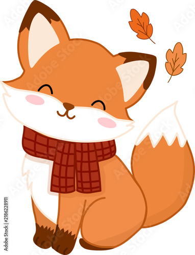 Cute Autumn Fox Illustration with Scarf and Fall Leaves