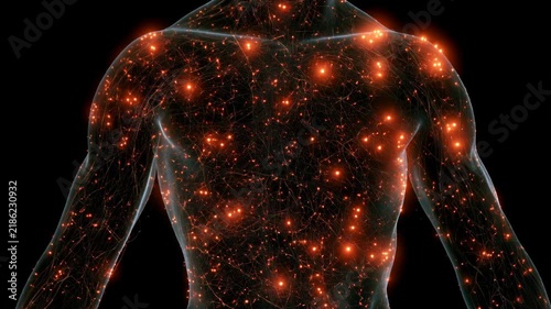 Glowing points illustrate chronic pain symptoms in fibromyalgia affecting the human body