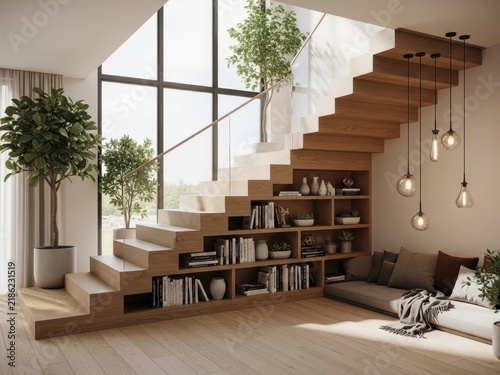 Modern living room with wooden shelves and hanging lights