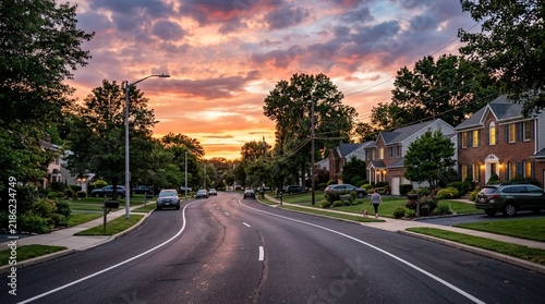 Suburban street at sunset, twilight sky, residential neighborhood, cars on road