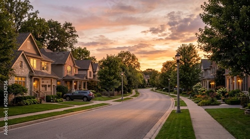 Suburban Street at Sunset, Residential Homes, Tree-Lined Road, Peaceful Evening
