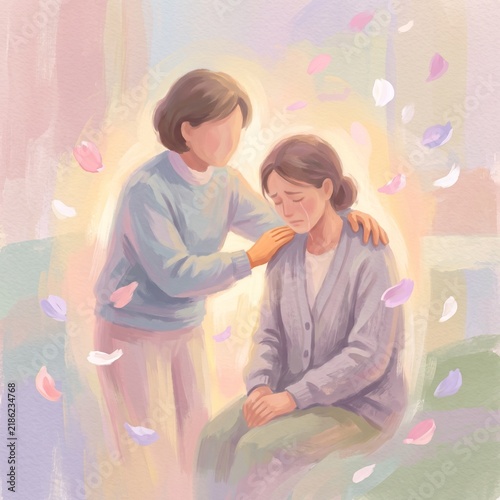 Soft watercolor illustration of compassionate person comforting crying friend with gentle hand on shoulder symbolizing empathy emotional support and healing