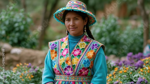 Peruvian woman in traditional embroidered clothing and hat outdoors during daylight with soft focus background