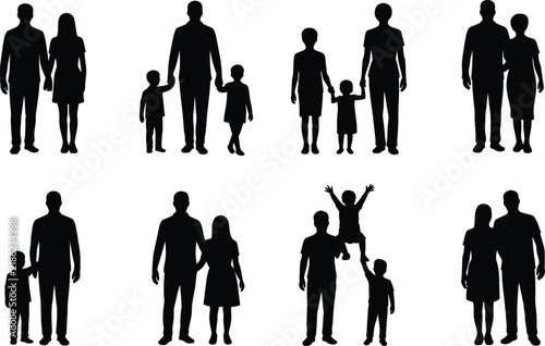 Collection of black silhouettes featuring various family groups, parents with children, and couples standing on a plain white background