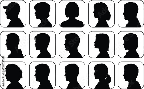 Collection of fifteen black silhouette profile portraits of men and women inside rounded square frames isolated on a white background set