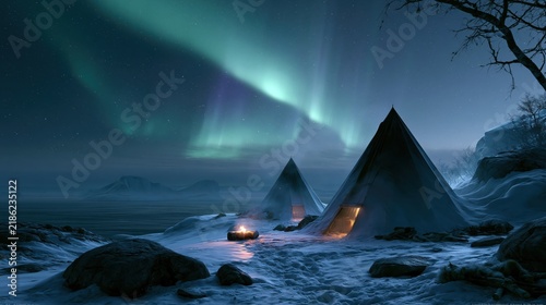 Tipi tents glowing warmly under the vibrant aurora borealis on a snowy arctic landscape during twilight