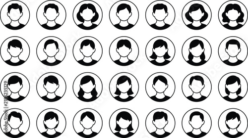 Collection of twenty-eight circular avatar featuring diverse male and female head silhouettes isolated on a white background, set