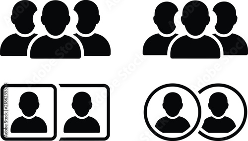 Set of black user profile featuring groups of people and individual avatars in square and circular frames for interface navigation