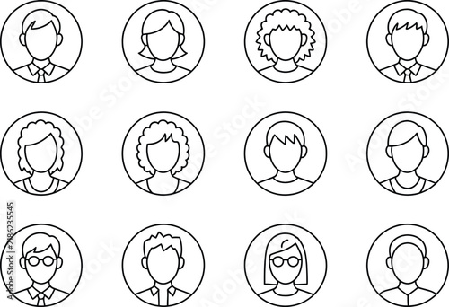 Twelve circular avatar displaying different male and female characters with various hairstyles and accessories in a clean line style