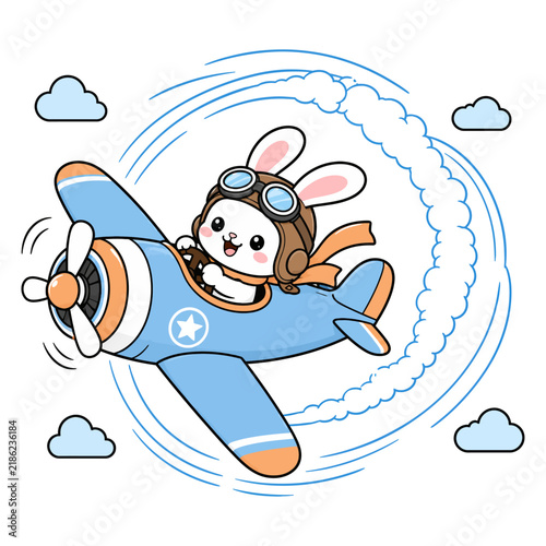 Cartoon Airplane Flying in the Sky, Cute Blue Aircraft Vector Illustration for Children, Travel, Holiday, Winter, Christmas and Fun Adventure Designs