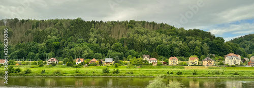 Landscape of houses along the river bank in Dresden, Germany