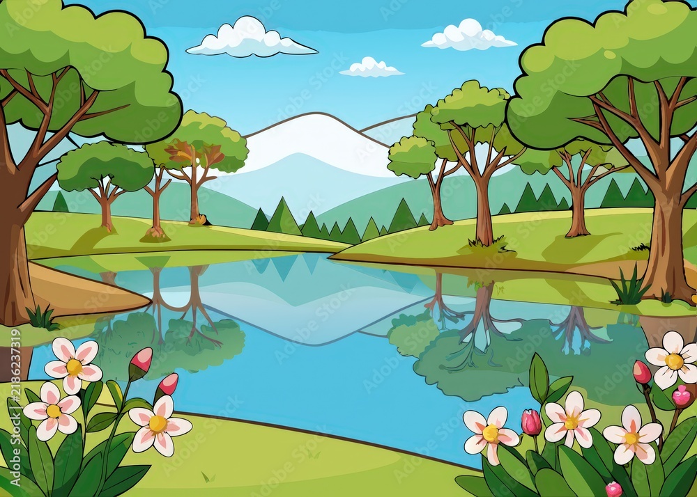Obraz premium Vibrant Nature Scene with Flowering Trees and Reflective Lake