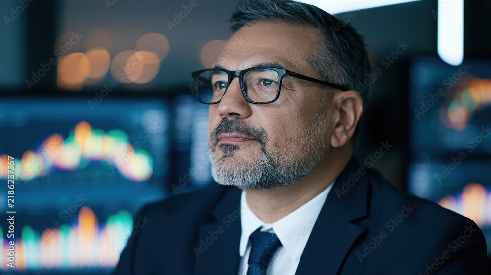 Fototapeta premium Focused Senior Trader Monitoring Financial Market Screens with Data Charts