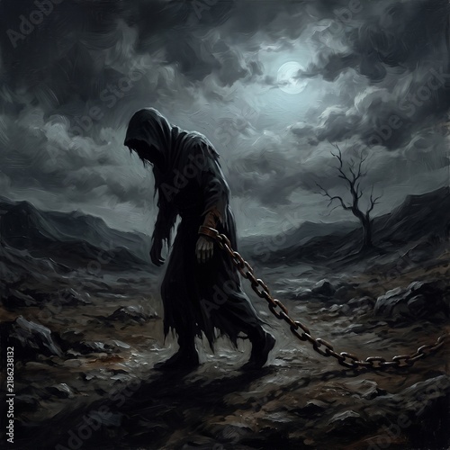 Dark oil painting of hooded shadowy figure dragging heavy iron chain across barren moonlit landscape symbolizing guilt burden and spiritual bondage