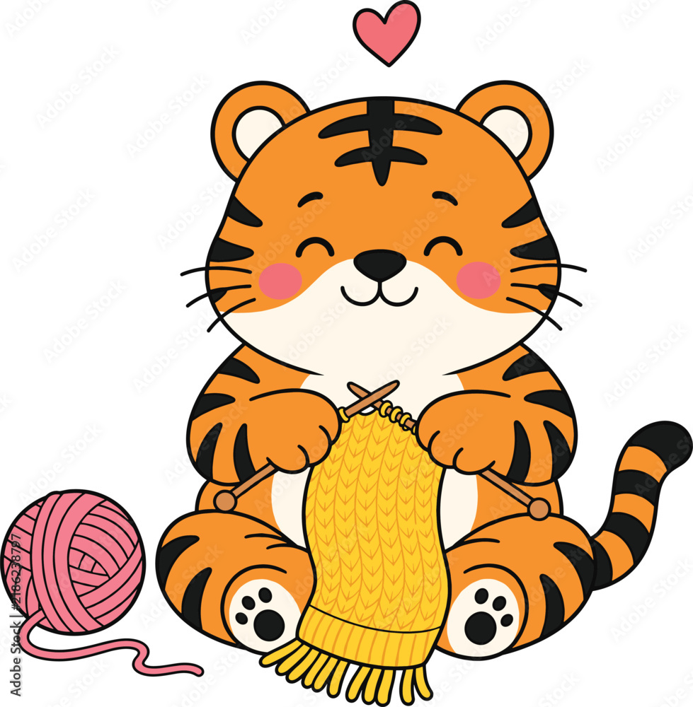 Fototapeta premium Tiger character knitting a yellow scarf with pink yarn and a small floating heart above.