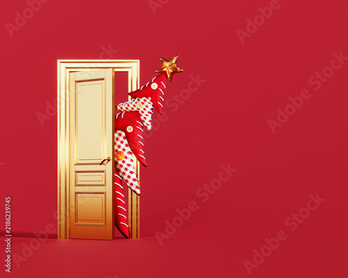 Christmas tree enters the door. Christmas is here concept on red background with copy space. 3D Rendering, 3D Illustration