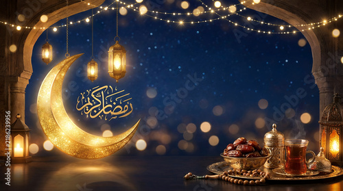 Golden Ramadan Mubarak crescent moon and lanterns on blue bokeh background for Islamic holy month.