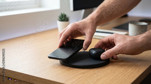 Person using a modern wireless charging station to power their smartphone and wireless earphones on a minimalist wooden office desk setup