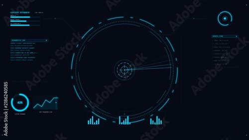Futuristic HUD interface with digital radar, UI circle screen, cyber security data dashboard, and telemetry charts on dark background