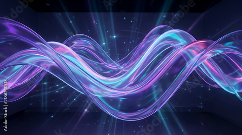 Abstract wave glass curves with purple and cyan neon light glow for digital backdrop.