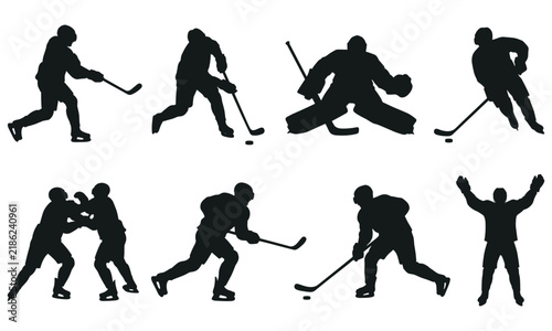 Принти на полотні Ice hockey silhouettes player slapshot puck handling butterfly goalie save enfor