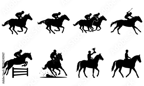 фотографія Horse racing silhouettes jockey equestrian galloping thoroughbred show jumping s
