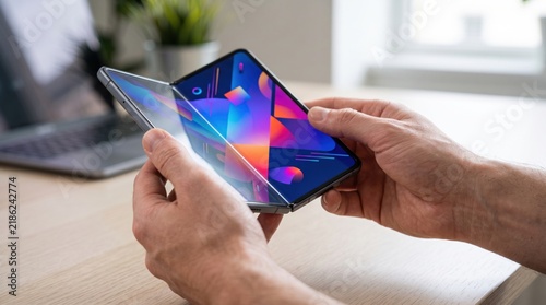 Close-up of hands opening a modern foldable smart device with a colorful display in an office setting