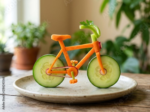 Creative bicycle sculpture carved from fresh healthy vegetables on a plate