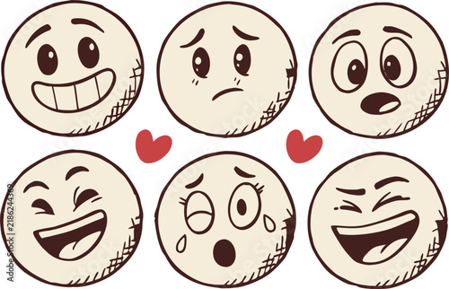 Collection of six expressive cartoon faces showing different emotions like joy sadness surprise and winking.