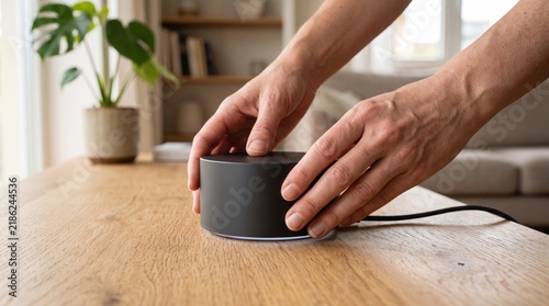 Close-up of human hands interacting with a sleek, generic smart speaker device on a natural wooden table, illustrating modern home technology integration