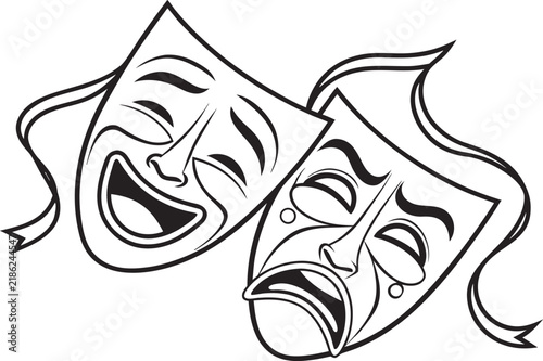 Outline theater masks for tragedy and comedy on checkerboard background.