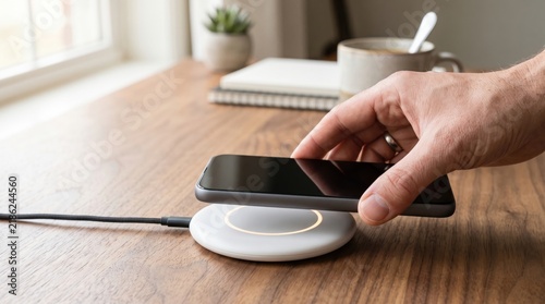 Hand placing a modern smartphone on a wireless charging pad on a wooden table in a home office setting