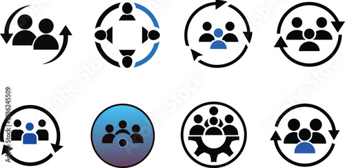 Business teamwork icons set, 8 collaboration vector symbols, corporate group workflow signs