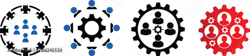 Business teamwork icons, gear and people collaboration symbols, 4 vector management elements