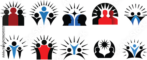 Abstract community logo icons, 10 people silhouettes with sunburst, team unity vector set