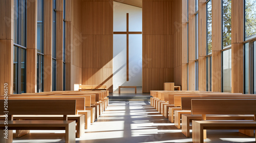 Bright modern church sanctuary with tall wooden walls, simple cross, rows of elegant pews and abundant natural sunlight, peaceful Christian worship space, spirituality, faith,