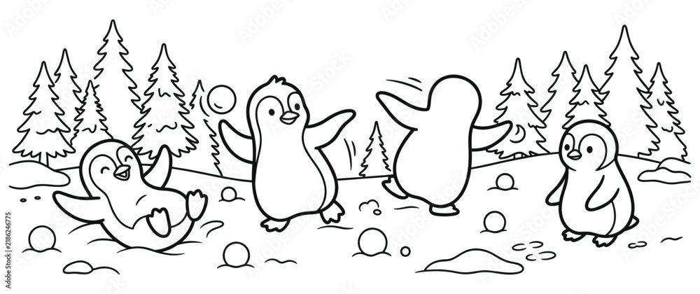 Fototapeta premium Funny penguins playing in snow in a winter pine forest landscape set.