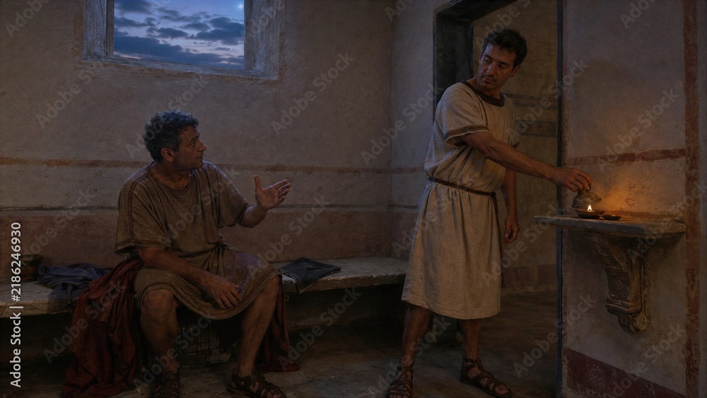 Obraz premium Men in Ancient Clothing Lighting an Oil Lamp in a Simple Room at Dusk