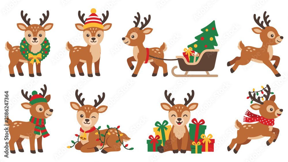 Fototapeta premium Set of cute christmas reindeer characters in festive winter clothes.