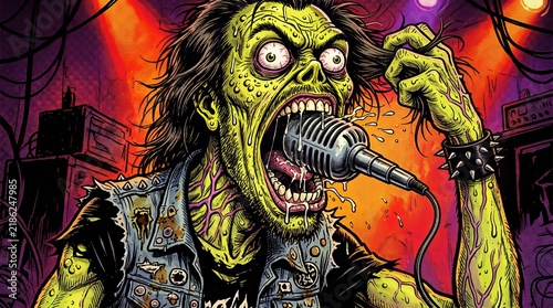 Screaming Zombie Rocker Monster Swallowing Microphone at Heavy Metal Concert