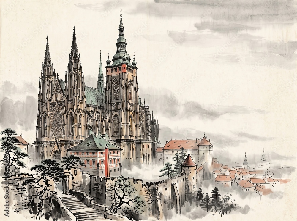 Obraz premium St Vitus Cathedral in Prague, Czech Republic, monumental Gothic cathedral with soaring spires, intricate stone facade and historic castle surroundings in traditional xieyi sumi-e ink wash