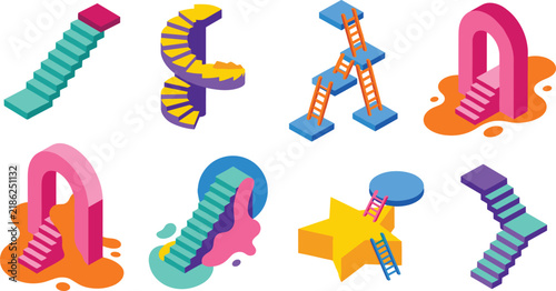 Colorful isometric staircase collection featuring creative architectural forms geometric platforms ladders and abstract modern structures